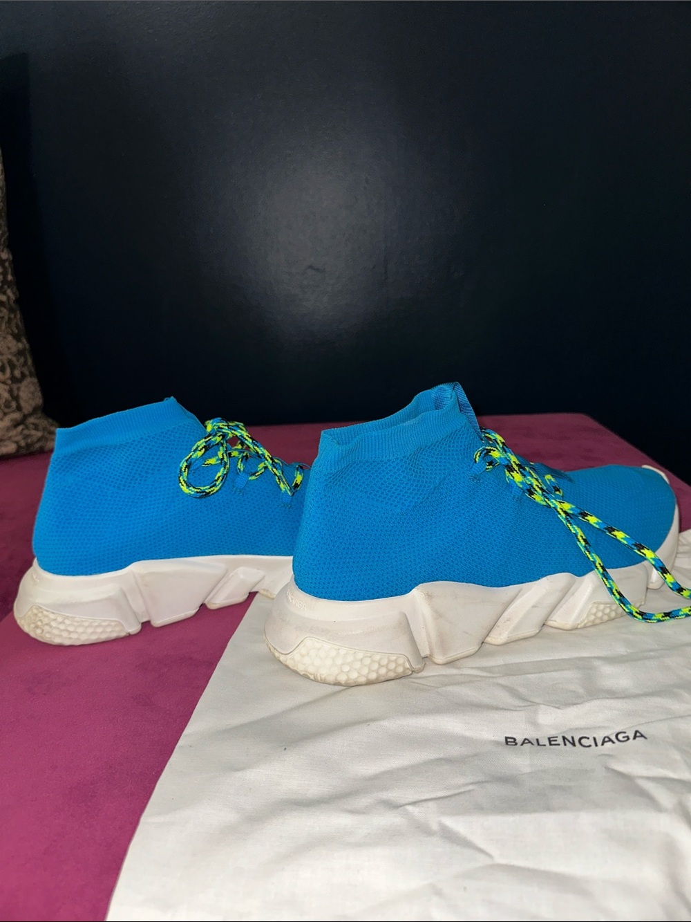 Balenciaga Turquoise Knit Speed Trainer Sneakers with Neon Laces - Picture 6 of 13